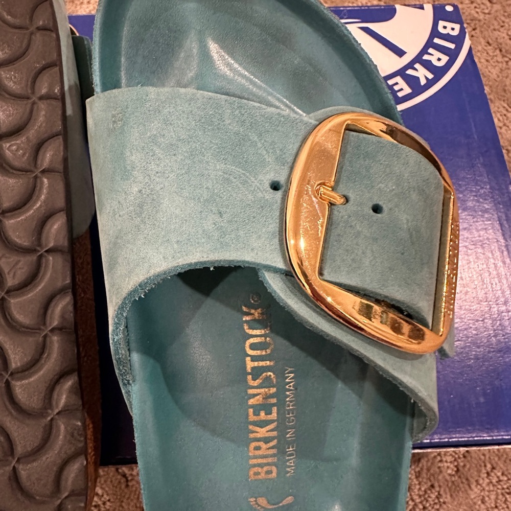 Birkenstock Madrid big buckle Aqua Slides with Shiny Gold Buckle